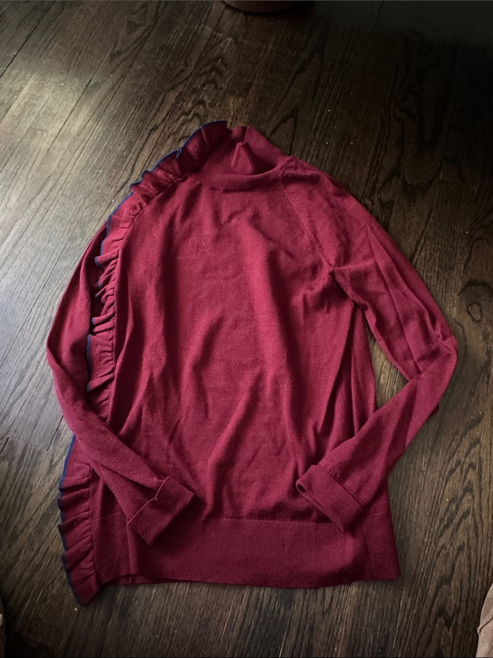Victoria Beckham Burgundy Crewneck Sweater with Ruffle Detail
